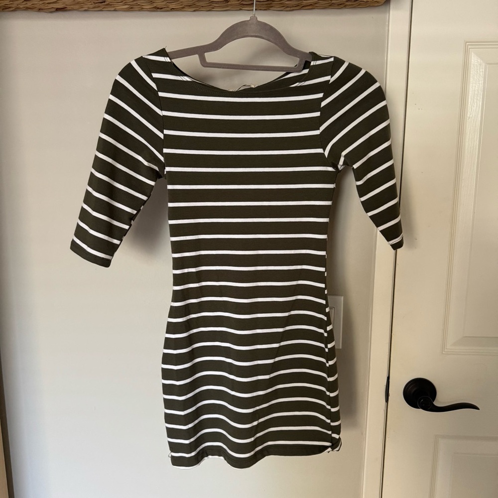 Striped Olive Green and White Dress